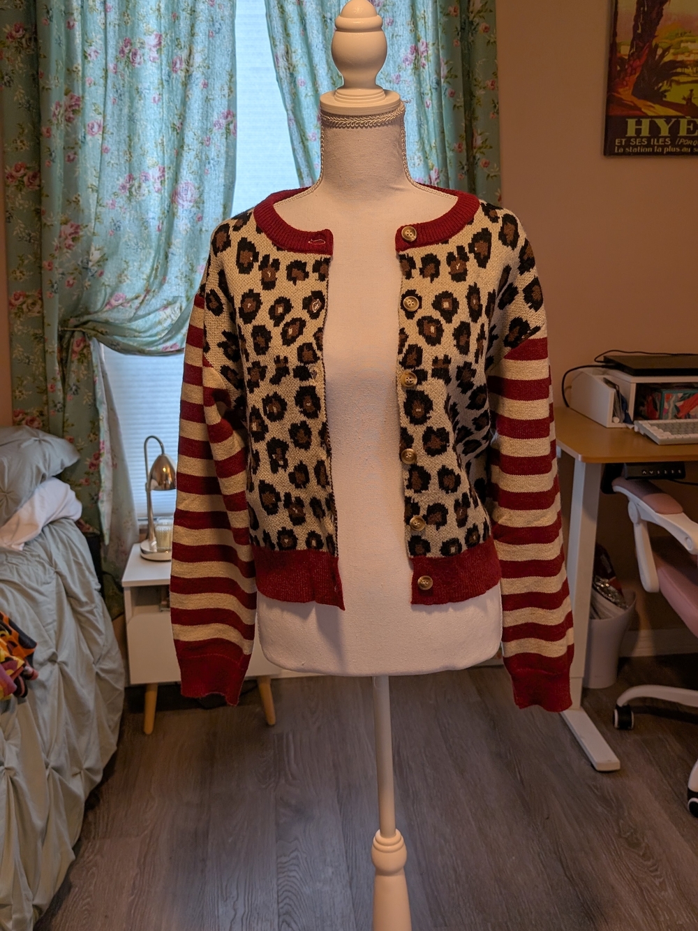 SHEIN Red and Cream Leopard Print Stripe Cardigan